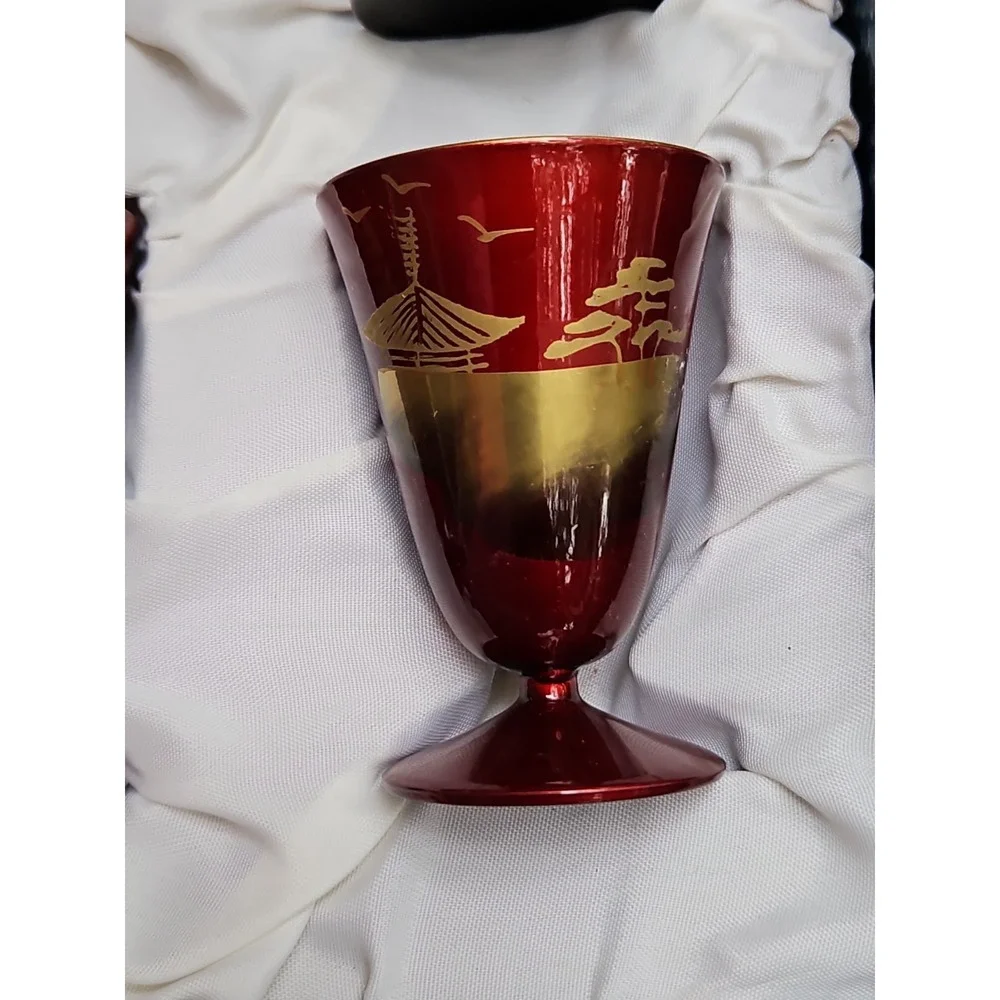 Japanese Aizu Lacquerware Sake Cups Tray Set MT FUJI Red Lacquer Gold Gilt‎ VTG